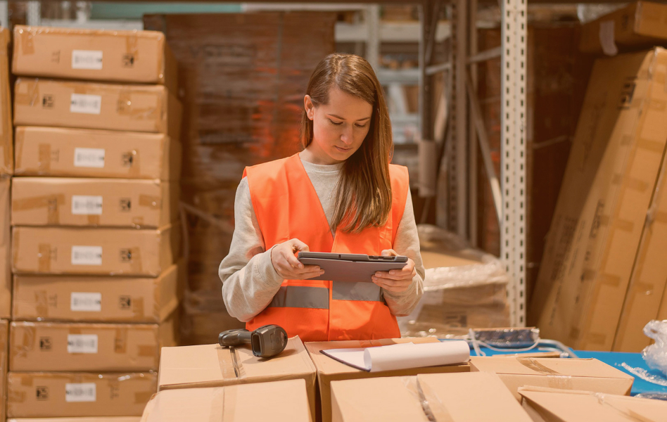 Profissional fazendo conferência de recebimento de mercadorias com tablet em armazém